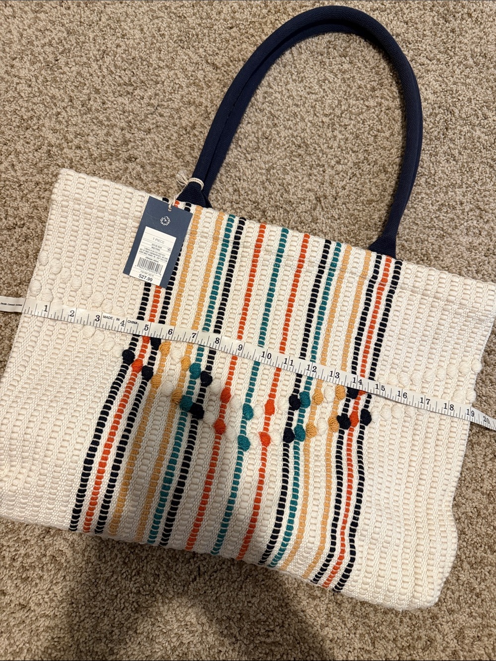 Universal Thread Cream Woven Tote with Navy Handles and Multicolor Stripes
